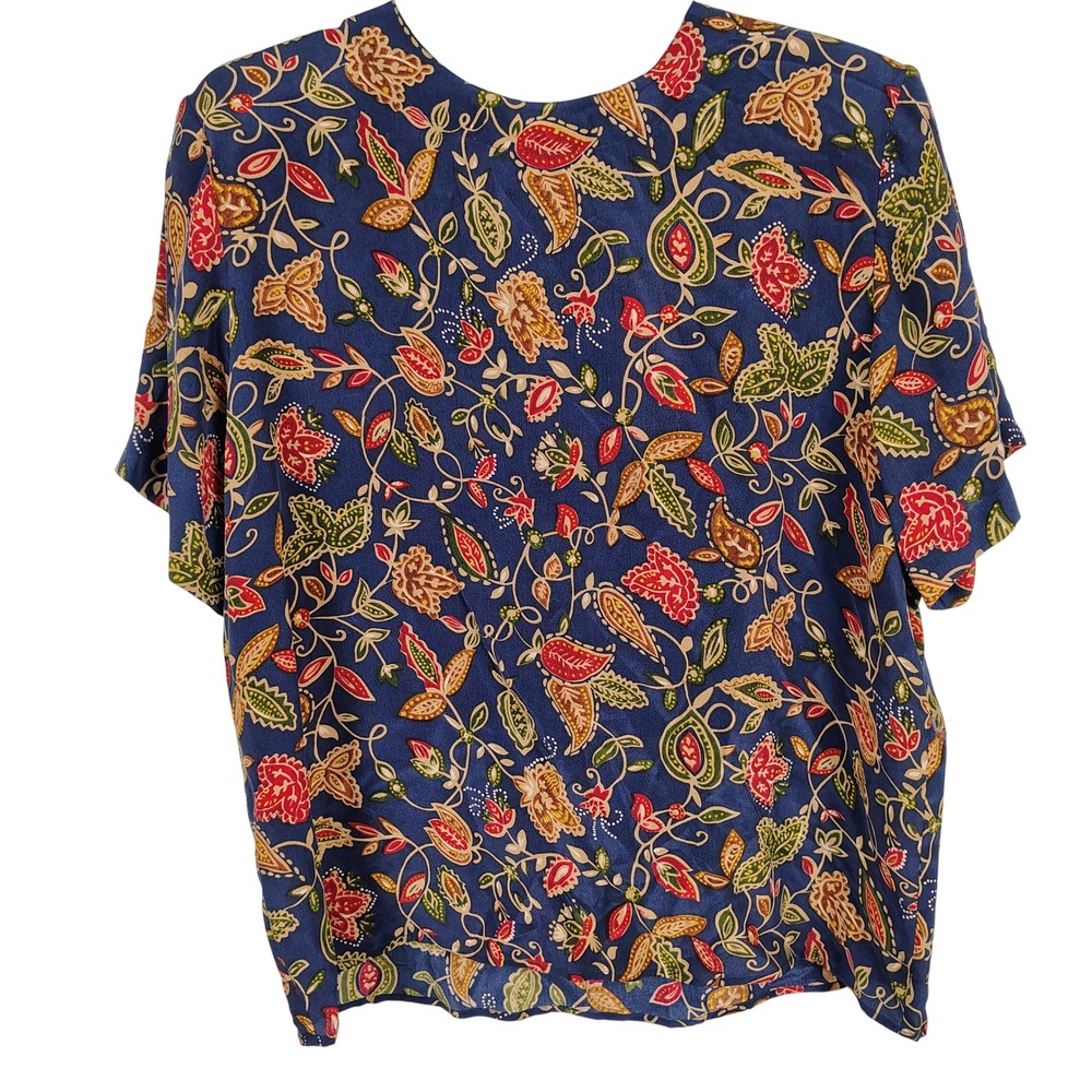 NWT Anna and Frank Womens L Silk Teebody Navy Paisley Floral Vintage Boho Top